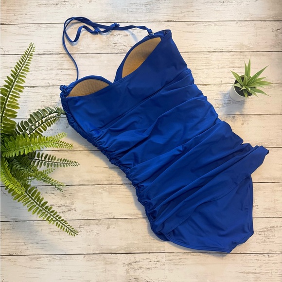 Cobalt Blue Ruched Swimdress - One-Piece Swimsuit w/ Halter Tie - Size M - Picture 2 of 3